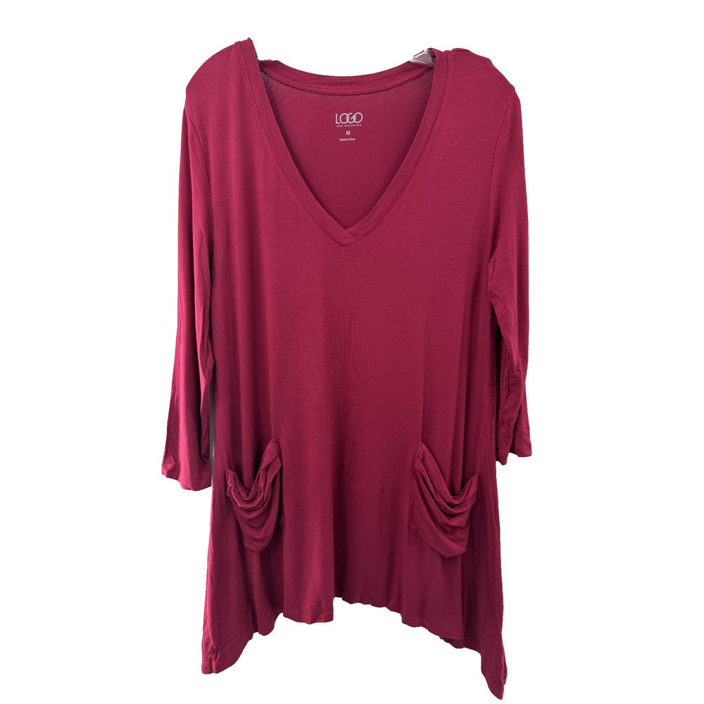 Lori Goldstein Maroon 3/4 Sleeve Handkerchief Hem V-Neck Tunic Top Size Medium